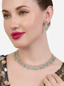 AMI Rose Gold-Plated Cubic Zirconia Studded Necklace And Earrings