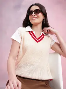 DressBerry Acrylic Ribbed Contrast Neckline Sweater Vest