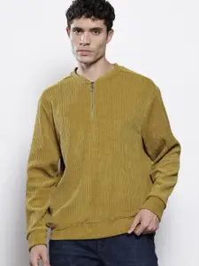 The Indian Garage Co Self Striped Stand Collar Corduroy Relaxed Fit Sweatshirt