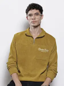 The Indian Garage Co Self Striped Typography Printed Relaxed Fit Corduroy Sweatshirt