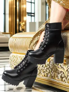 Kliev Paris Women Round Toe Lace Up Block Heeled Chunky Boots