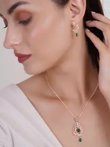 Adwitiya Collection Rose Gold-Plated Cubic Zirconia Studded Pendant And Earrings