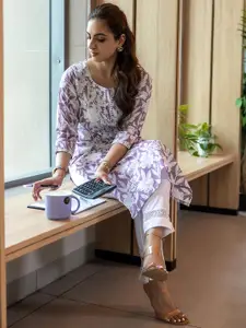 Libas Floral Printed Thread Work Cotton Straight Kurta