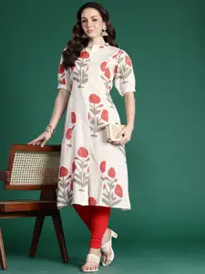 Indo Era Floral Printed Puff Sleeves Pure Cotton Kurta