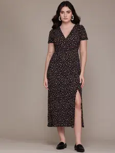 MANGO Floral Printed Plisse Effect Midi Empire Dress with High-Slit