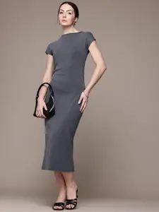 MANGO Boat Neck Extended Sleeves Ruched Midi Sheath Dress