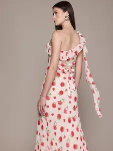 MANGO Floral Print One Shoulder Ruffled Sheath Midi Dress