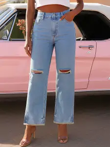 SASSAFRAS Women High-Rise Slash Knee Light Fade Jeans