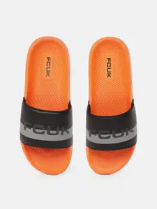 FCUK Men Brand Name Detailing Striped Sliders