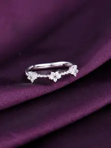 RACHIVA 925 Sterling Silver Rhodium-Plated CZ Studded Flower Silver Adjustable Finger Ring