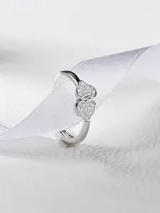 RACHIVA 925 Sterling Silver Rhodium-Plated CZ Studded Heart Duo Ring