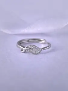 RACHIVA 925 Sterling Rhodium-Plated Zircon Studded Leaf Adjustable Finger Ring