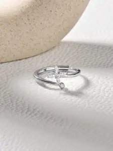 RACHIVA 925 Sterling Silver Rhodium-Plated CZ Studded Floral Adjustable Ring