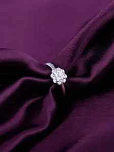 RACHIVA 925 Sterling Silver Rhodium-Plated Cubic Zircon -Studded Adjustable Finger Ring