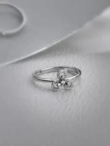 RACHIVA 925 Sterling Rhodium-Plated Cubic Zirconia Studded Floral Adjustable Finger Ring