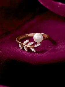 RACHIVA 925 Sterling Silver Rose Gold-Plated Pearls Leaf Zircon Studded Adjustable Ring