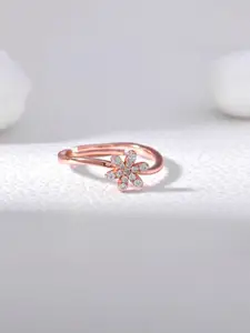 RACHIVA 925 Sterling Silver Rose Gold-Plated CZ Studded Glistening Petal Adjustable Ring