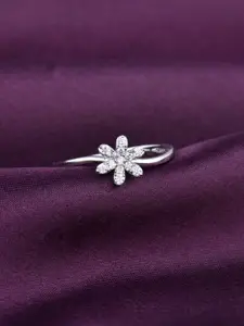 RACHIVA 925 Sterling Silver Rhodium-Plated CZ Studded Glistening Petal Flower Ring