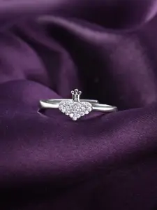 RACHIVA 925 Sterling Silver Rhodium-Plated CZ Studded Royal Heart Crown Adjustable Ring