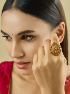 Kushal's Fashion Jewellery Gold-Plated Cubiz Zirconia Studded Adjustable Finger Ring