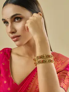 Kushal's Fashion Jewellery Set Of 2 Coral Gold-Plated Stones Studded Antique Bangles