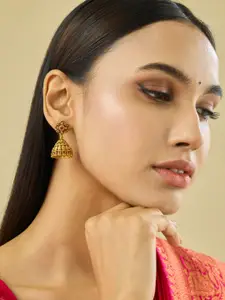 Kushal's Fashion Jewellery Gold-Plated Dome Shaped Ruby Zircon Antique Jhumkas Earrings