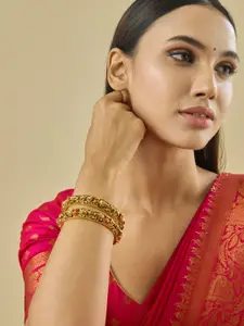 Kushal's Fashion Jewellery Set Of 2 Coral Gold-Plated Stones Studded Antique Bangles