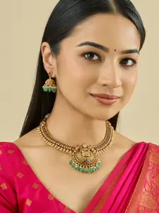 Kushal's Fashion Jewellery Ruby-Green Gold-Plated Ethnic Antique Necklace Set