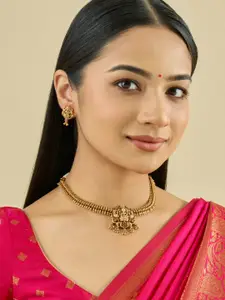 Kushal's Fashion Jewellery Gold-Plated Ruby Studded Ethnic Antique Necklace Set