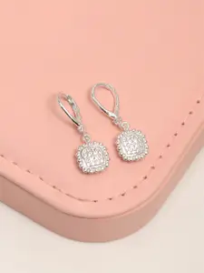 LeCalla 925 Sterling Silver Rhodium -Plated CZ Studded Square Shaped Drop Earrings