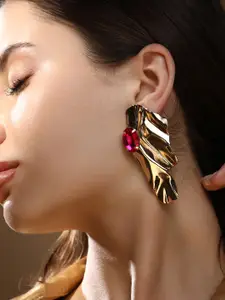 SOHI Gold-Plated Contemporary Artificial Stones Studded Shard-Gem Drop Earrings