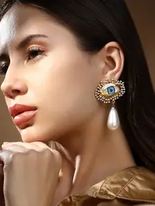 SOHI Gold-Plated Contemporary Stone Studded & Pearls Beaded Evil Eye Drop Earrings
