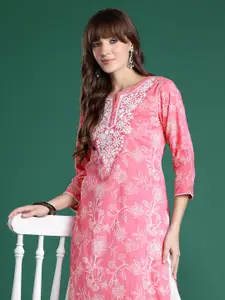 Indo Era Floral Embroidered Pure Cotton Thread Work Kurta