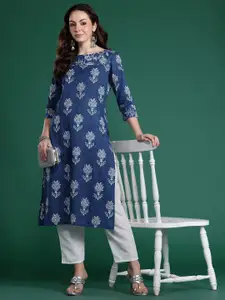 Indo Era Floral Printed Indigo Kurta