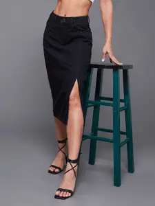 Miss Chase Women Straight Stretchable Denim Midi Skirt With Front Slit