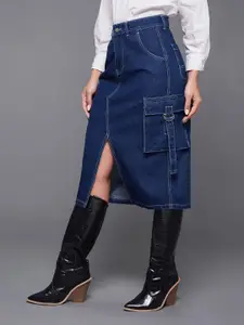 Miss Chase Women Pure Cotton Front Slit Midi Straight Skirt