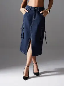 Miss Chase Women Denim Midi Straight Skirt