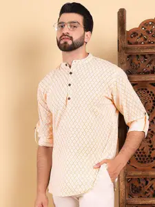 House of Pataudi Geometric Printed Band Collar Pure Cotton Straight Short Kurta