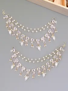 PRIVIU Gold-Plated Kundan Studded & Beaded Layered Contemporary Ear Cuff