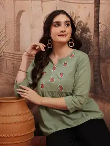 Sangria Floral Embroidered Pure Cotton Peplum Top