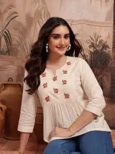 Sangria Floral Embroidered Pure Cotton Peplum Top