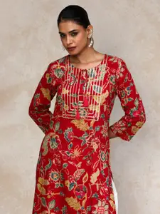 Varanga Floral Printed Cotton Gotta Patti Tie-Up Neck Straight Kurta