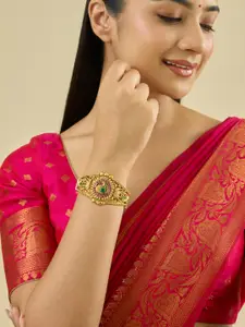 Kushal's Fashion Jewellery Ruby-Green Gold-Plated Stone Studded Ethnic Antique Kada Bangle