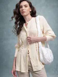 The Roadster Lifestyle Co. Striped Band Collar Casual Shirt