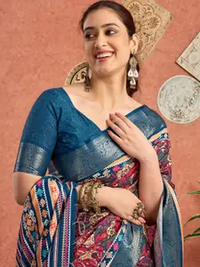 Sangria Abstract Printed Zari Saree With Unstitched Blouse Piece