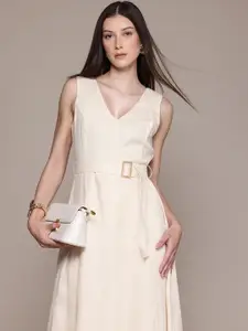 MANGO Pure Linen Belted A-Line Midi Dress