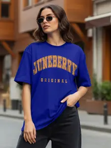 JUNEBERRY Women Typography Printed Round Neck Cotton Oversized T-shirt