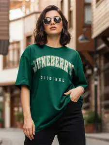 JUNEBERRY Women Typography Printed Round Neck Cotton Oversized T-shirt