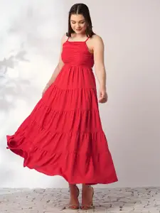 Globus Square Neck Ruched Smocked Cut-Outs Detail Tiered Fit & Flare Maxi Party Dress