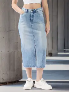 High Star Women High Rise A-Line Midi Denim Side Front Slit cotton Skirt